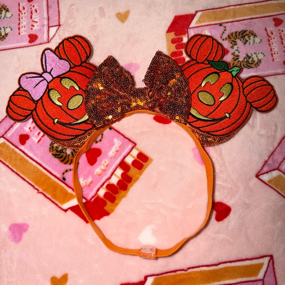 Mickey & Minnie Pumpkin Halloween Disney Ears Elastic Strap Headband Glitter